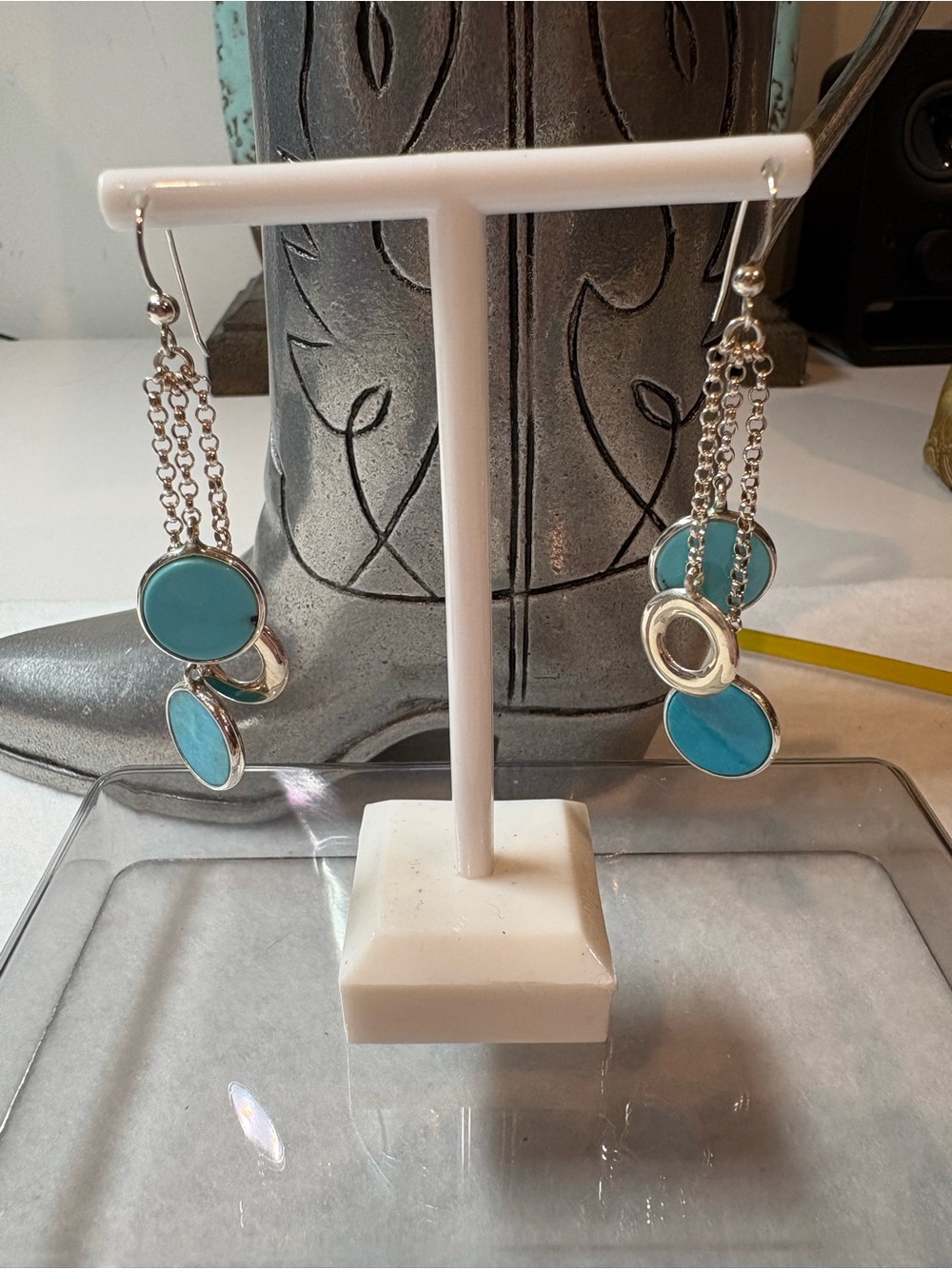 Turquoise Disc Dangle Earrings with Silver Chains